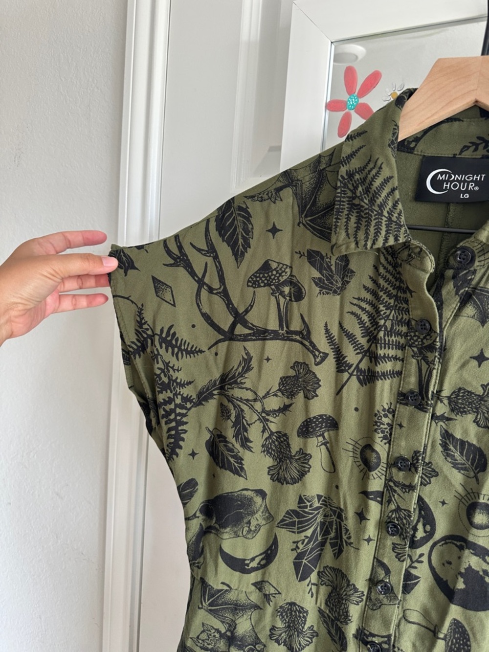 Crescent Moon Olive Green Button-Front Shirt Dress by Midnight Hour - Picture 5 of 9